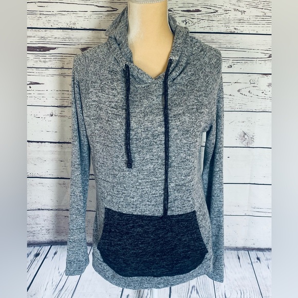 Women’s Small Sweater Hello Mello Gray Hooded Pockets Lightweight Soft Knit - Picture 2 of 11